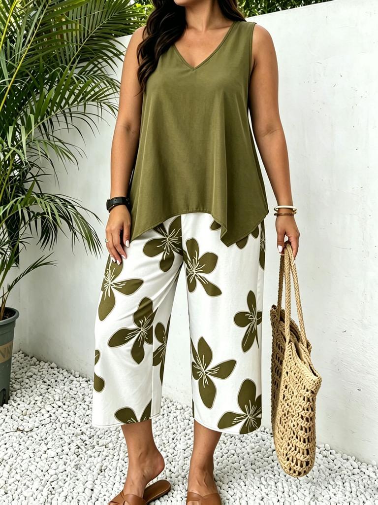 European and American cross-border TK Amazon Temu hot sale 2026 summer sleeveless V-neck top wide-leg cropped pants two-piece set