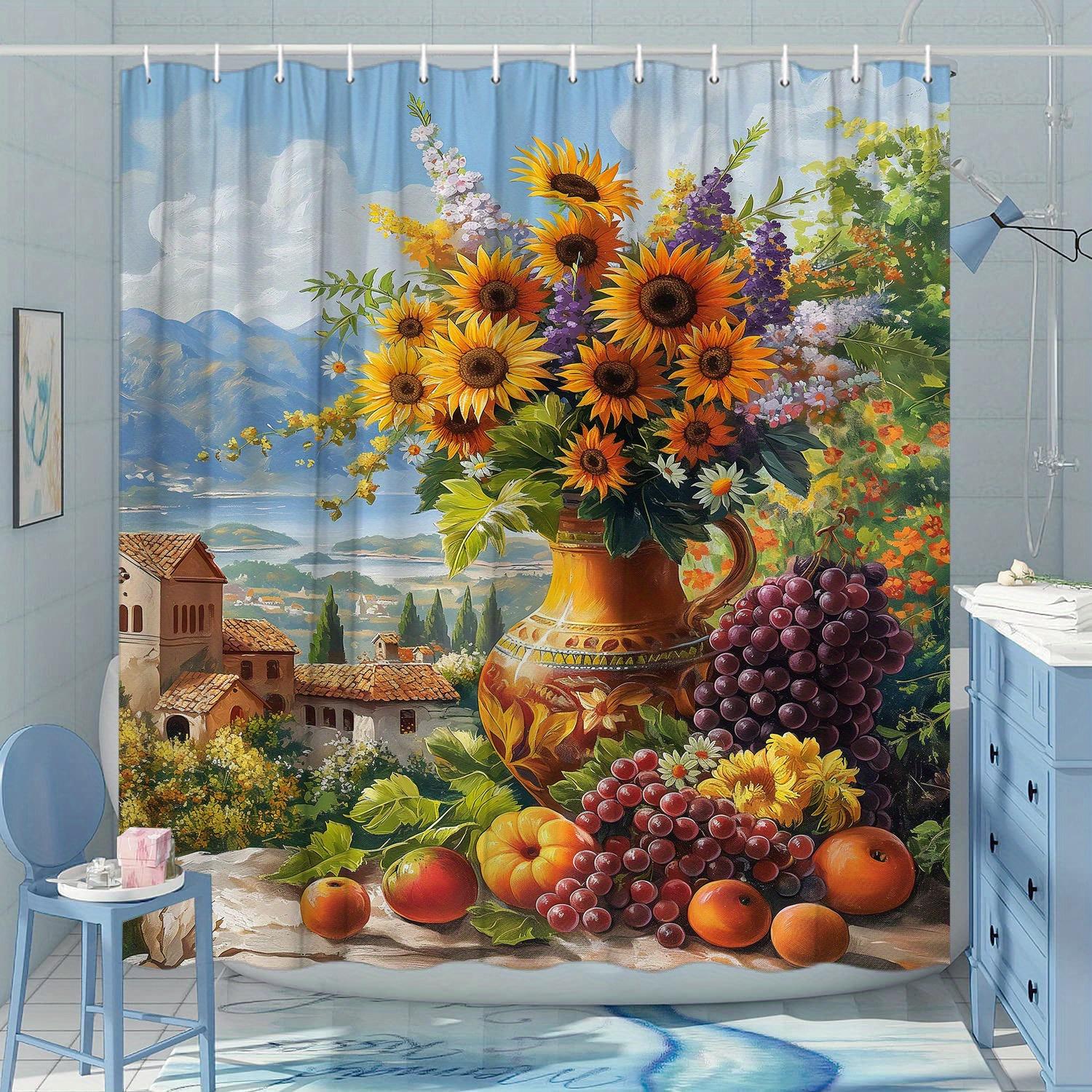 

1Pc Rustic Sunflowers Shower Curtain - Mediterranean Village, Vase With Grapes & Fruits, Polyester, 12 Hooks, Serene Design W60H190(CM)-1 Pcs
