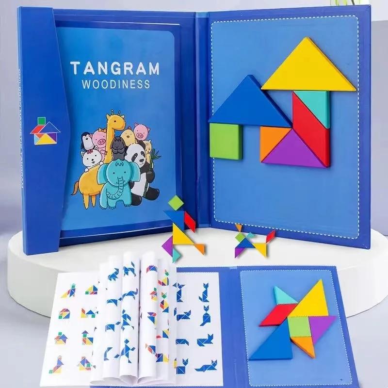 1 Set Magnetic Wooden Tangram Puzzle Book - Montessori Educational Toy for Kids, Portable Brain Teaser Travel Game