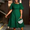 Modna Sukienka Wieczorowa Jacquard Plus Size, z Bufiastymi Rękawami, Wysokim Stanem, Wygodna Sukienka na Imprezę i do Pracy