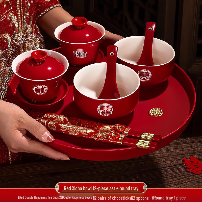 Festive Red Wedding Tea Set: Lidded Bowls, Tea Cups, and Chopsticks
