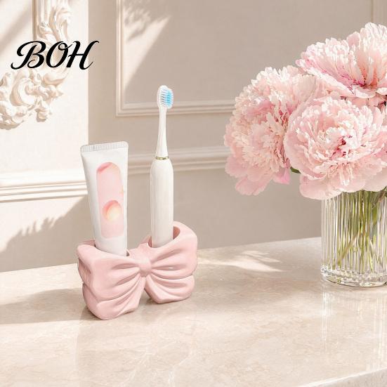 No Drill Bathroom Accessory 3D Printed Bow Toothbrush Holder, Adhesive Cup with Dual Holes for Double Hole Holder & Toothpaste, Cute Organizer Decor,