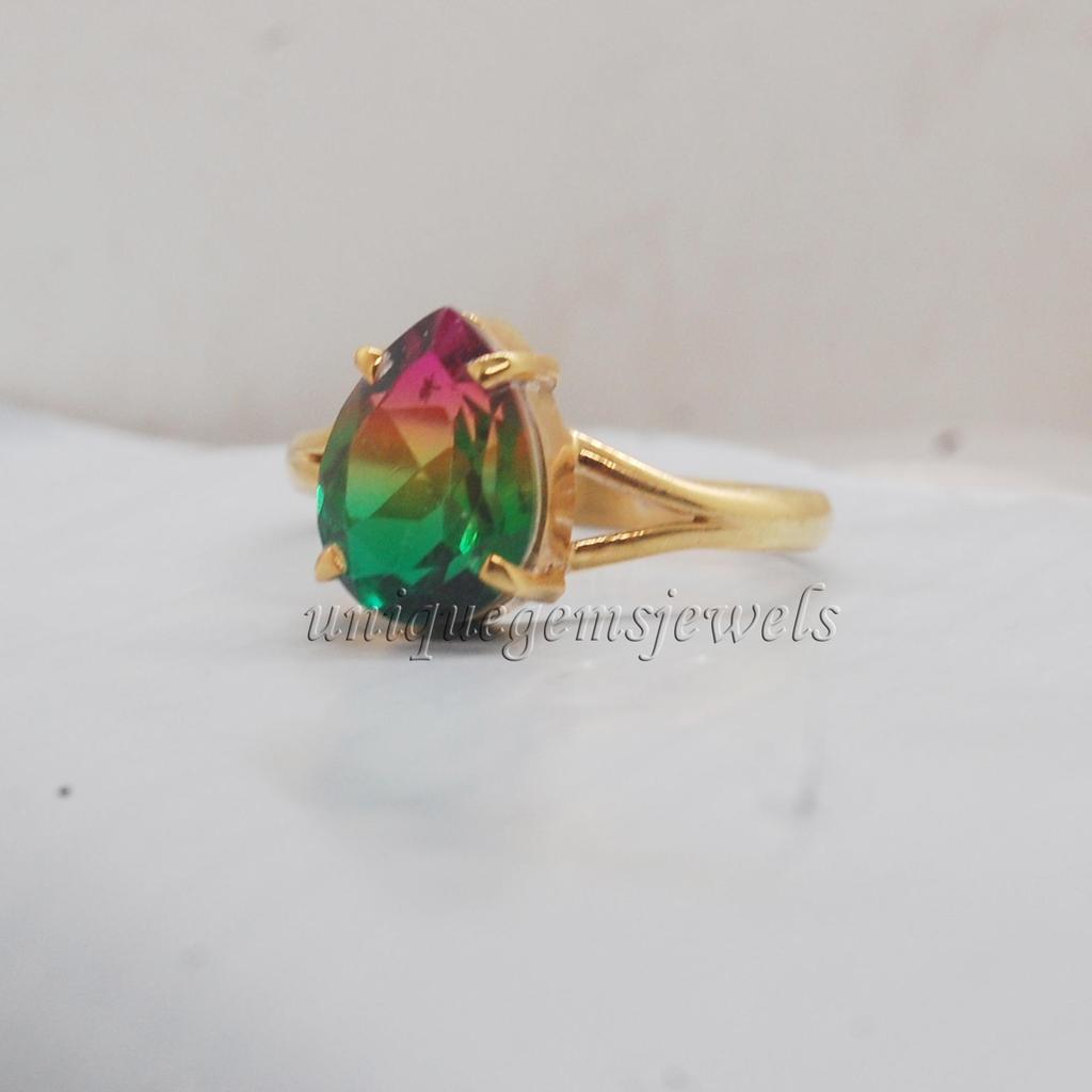 Pink Green Watermelon Tourmaline Quartz 925 Sterling Silver Ring, 18K Rose Gold, 18K Yellow Gold Ring, Split Band Signet Zodiac Jewelry