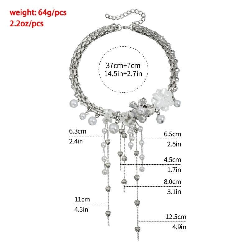 Elegant Flower Design Necklace With Dangling Beaded Tassels Adjustable Length Romance Pearls Accessory