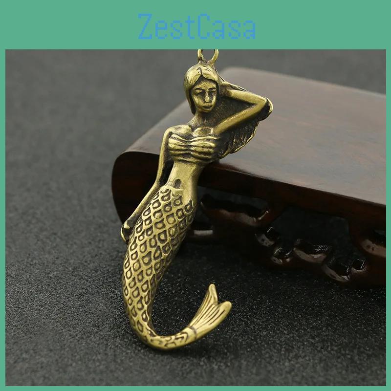 Statue Mermaid Antique Miniatures Copper Bronze Fairy Figurines Home Office Living Room Decor Crafts Lucky Car Key Ring Pendant