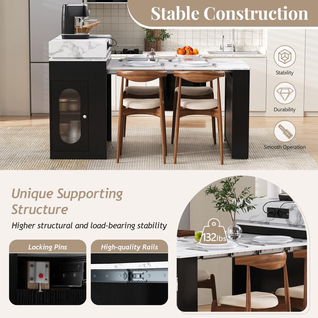 Kitchen Island with Casters, Extendable Dining Table with Foldable Tabletop, Bar Table with Power Strips and Hooks (black)