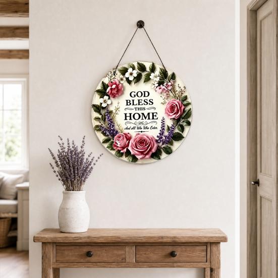 Gott Segne Dieses Haus Holzschild für Tür, Runde Florale Wanddekoration, Christliches Glaubens-Segensschild, Warme Willkommens-Veranda-Hängedekoration, Bedeutungsvolle Einweihungsfeier