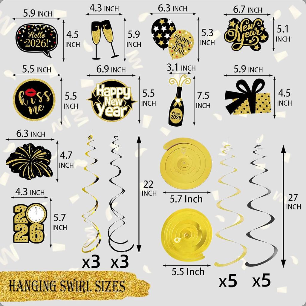 JOJO FLY New Years Eve Party Decorations Kit, Happy New Year Banner, Black and Gold Hanging Swirls for Happy New Year Decorations 2026, NYE