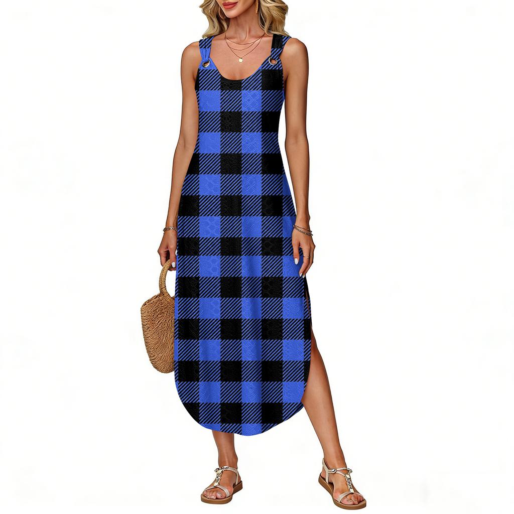 Women's Summer Long Dress, Sleeveless with Side Slits, Long Plaid Printed Vest Dress
