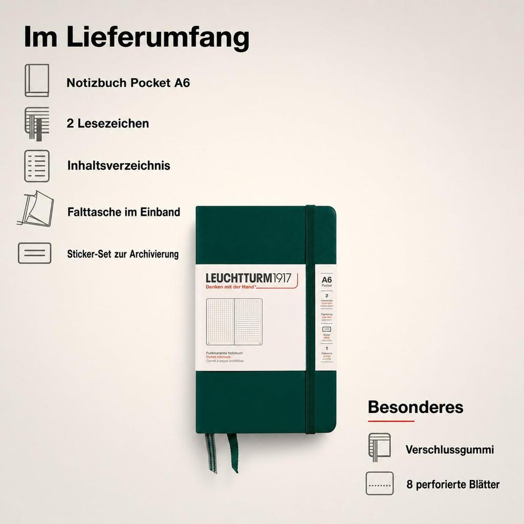 LEUCHTTURM1917 Pocket A6 Dotted Notebook Forest Green Hardcover Journal for Writing and Planning, 80g/m² Paper 370298