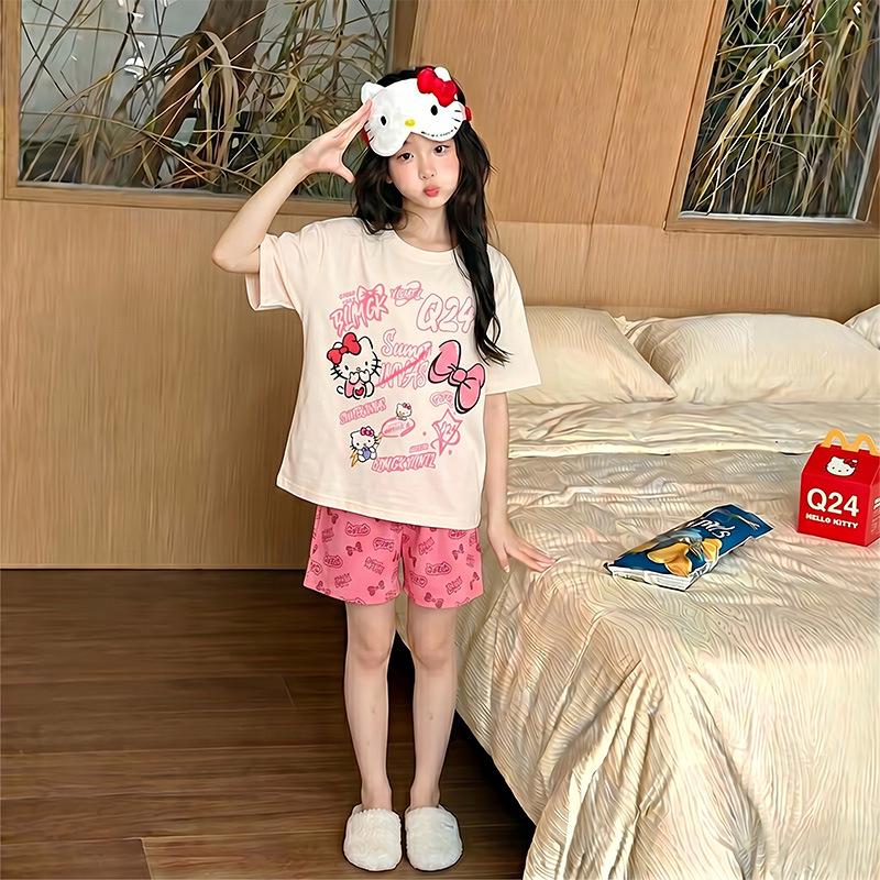 Girls' Cartoon Summer Pajama Set - Short Sleeve & Shorts, Lightweight, Cute, Comfortable for Middle & Older Children