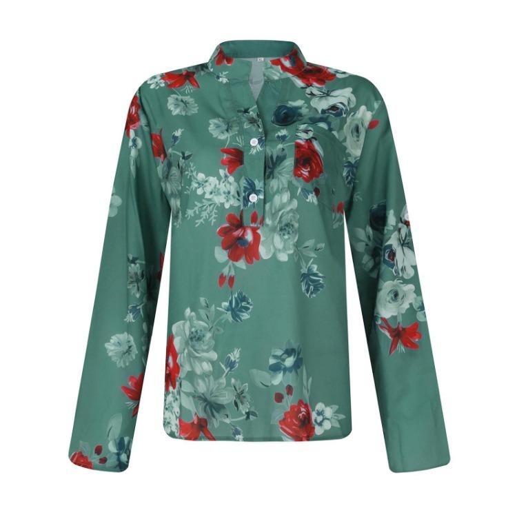 Casual Button Down Blouse Elegant Floral Print Womens Pullover Top M зелёный