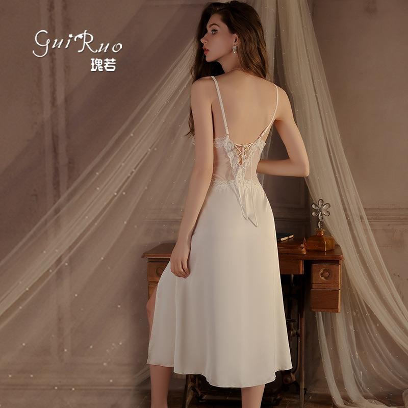 Sexy Pajamas Pure Lust Temptation Plus Chest Pad Sweet Perspective Lace Satin Nightdress Robe Set