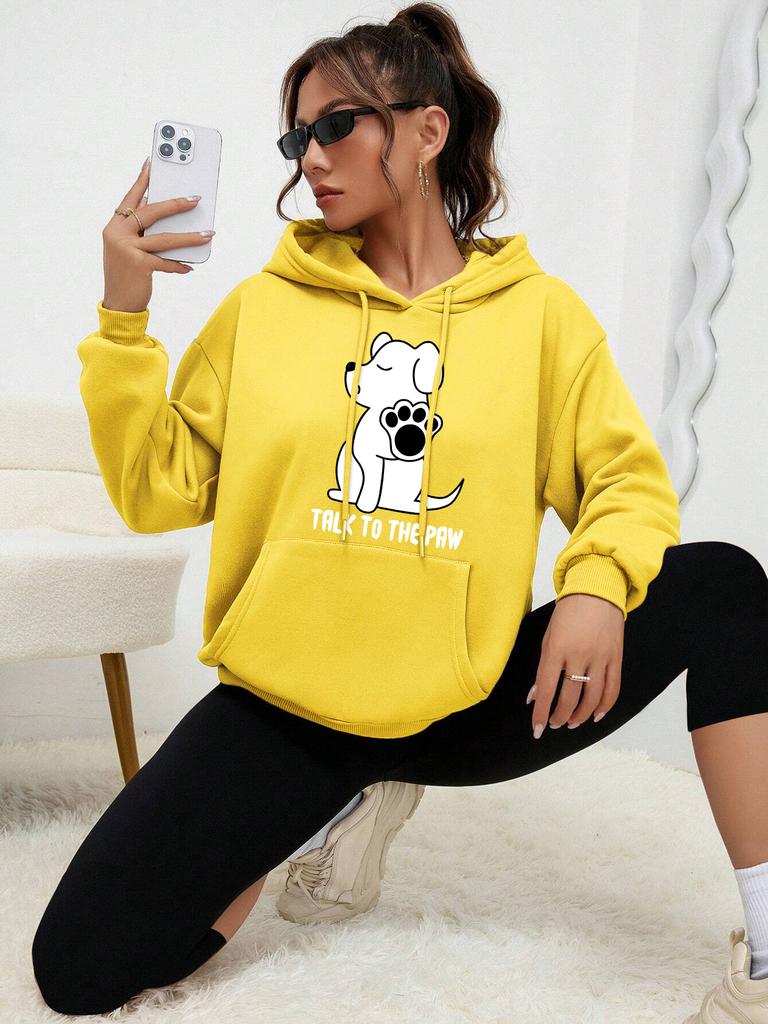 Talks To The Paw Funny Dog Printing Women Hooded Fashion Kawaii Hoodies Autumn Crewneck Warm Hoodie Casual Street Basic Clothing