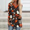 Women's Casual Long Sleeve V-Neck Halloween Print T-Shirt Mid-Length Top