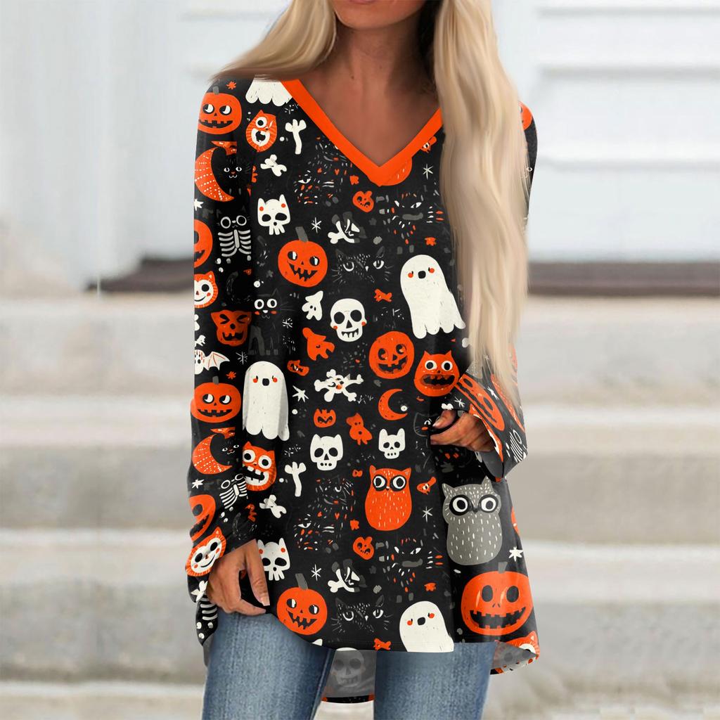 Women's Casual Long Sleeve V-Neck Halloween Print T-Shirt Mid-Length Top