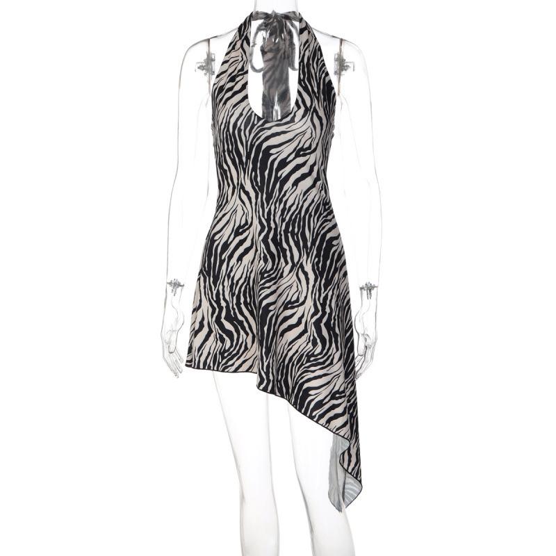 New fashionable animal print sexy backless slim irregular neck diagonal dress S