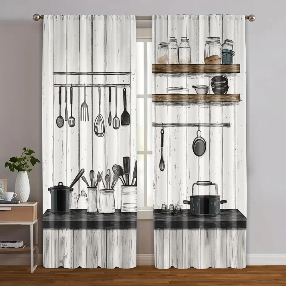 Vikama Retro Kitchen Utensil Curtain Black White Wood Grain Pattern Home Window Decor Panels Room Darkening Polyester Ideal For Cooking Area