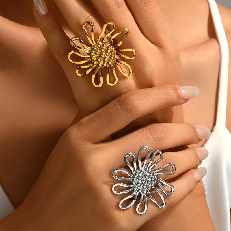 Stainless Steel Hollow Out Rings Women Sunflower Flower Exaggerated Open Rings Fashion Non Fading Party Jewelry Accessories Gift