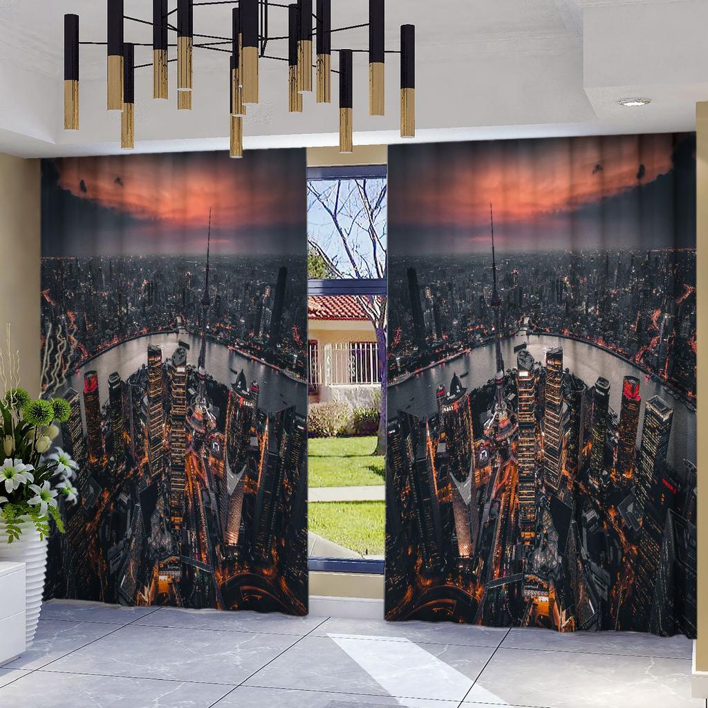 Urban Landscape 3D Digital Printing Polyester Black Silk Full Blackout Curtain Cloth Map