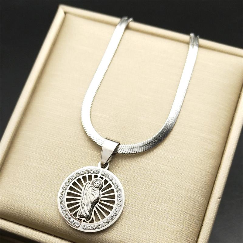 San Judas Tadeo Rhinestone Pendant Necklace for Men Women Stainless Steel Crystal Saint Jude Thaddeus Religions Necklace Jewelry