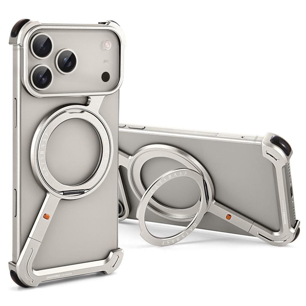 Oatsbasf Frameless Metal Phone Case for 17 Air/17 Pro/Pro Max with Kickstand 360° Rotatable Magsafe Protective Shockproof