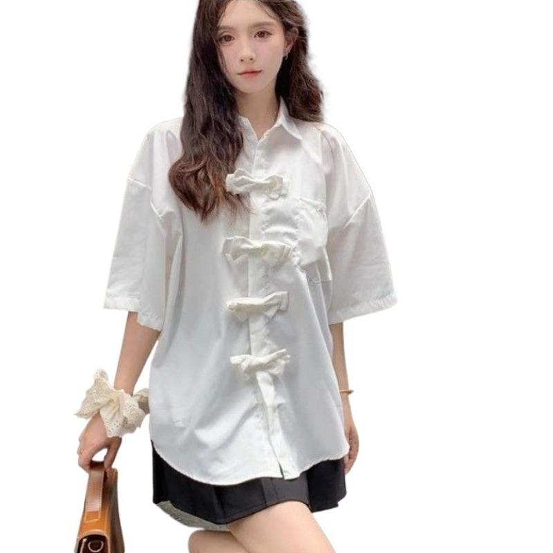 Women's Solid Color Shirt Female Three-dimensional Bow Design Short Sleeve Blouse Summer New Korean Loose Versatile Lady Top