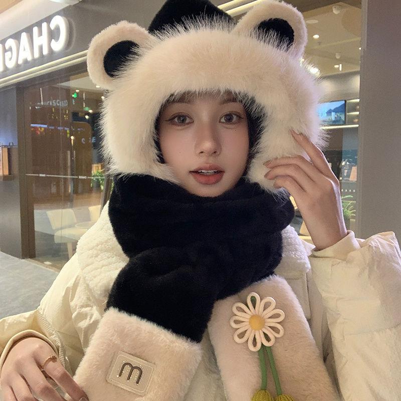 

Stylish cute bear scarf gloves integrated plush hat female face small outdoor cold warm ear hat tide Adult 55-58cm бежевый