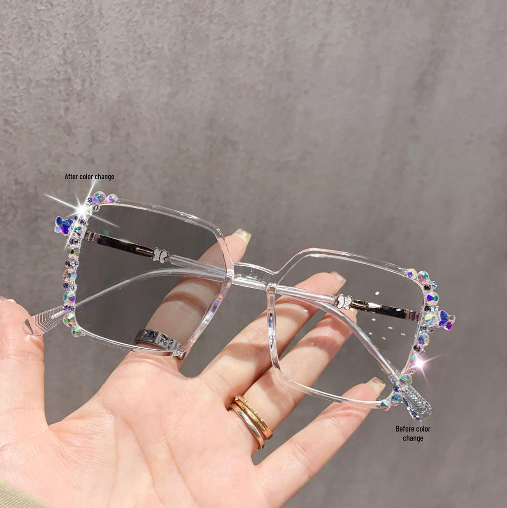 Women's Photochromic Glasses with Starry Sky Diamonds, Cross-Drilled Design, Ultra-Light Anti-Blue Light Frame