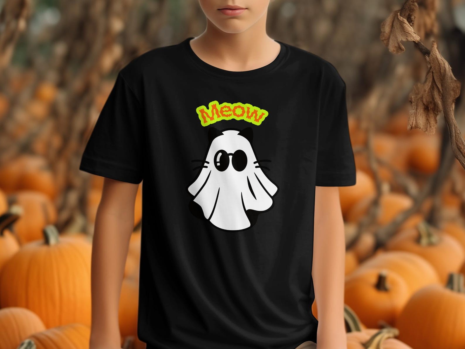 Meow Ghost Cat T-Shirt, Spooky Halloween Kids Apparel, Funny Sunglasses Cat Lover Tee L