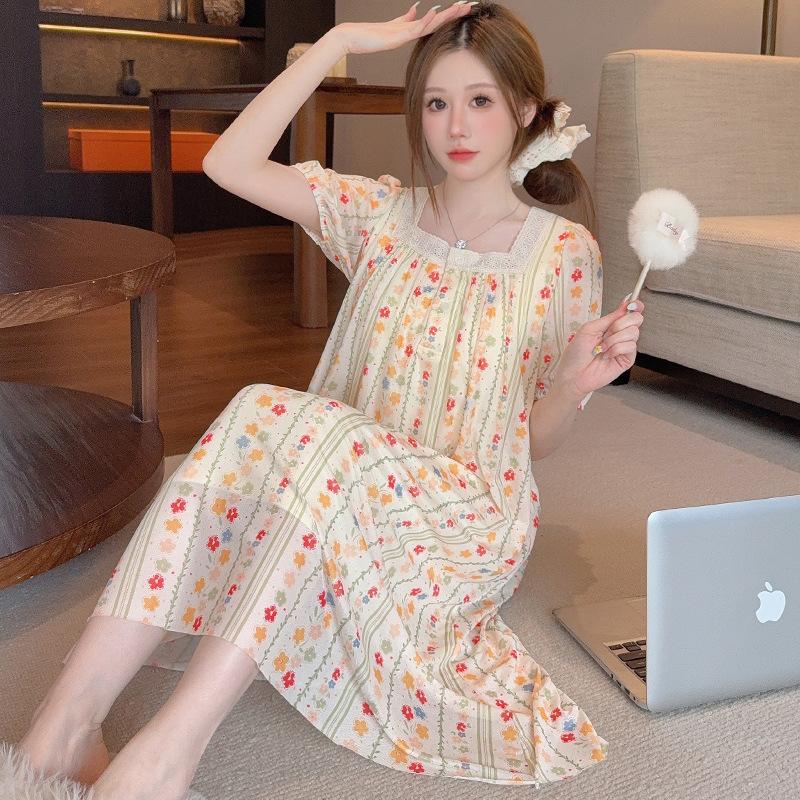 Linglei Summer Princess Style Mesh Short-Sleeved Nightdress Court Style Lace Japanese Printed Pajamas Loungewear Women