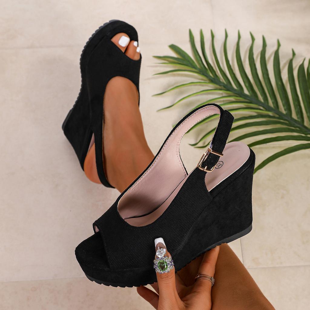 Fashion Comemore Summer Platform Wedges Sandals for Women Black Suede Peep Toe Female Shoes Fashion High Heels Ladies Large Size Sandal