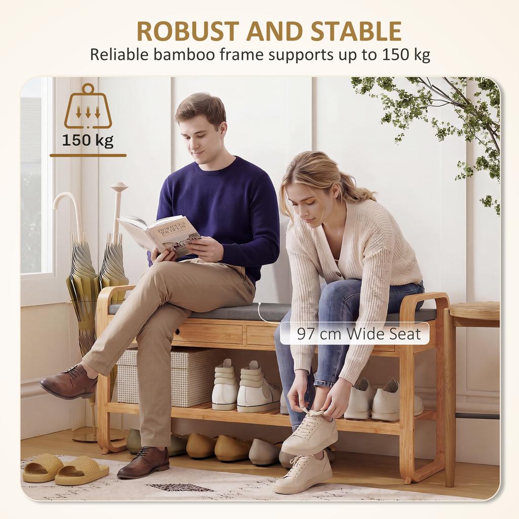 Shoe Bench With 2 Drawers Cushioned Seat Shoe Storage Bench For Hallway 105 Cm Natural And Grey