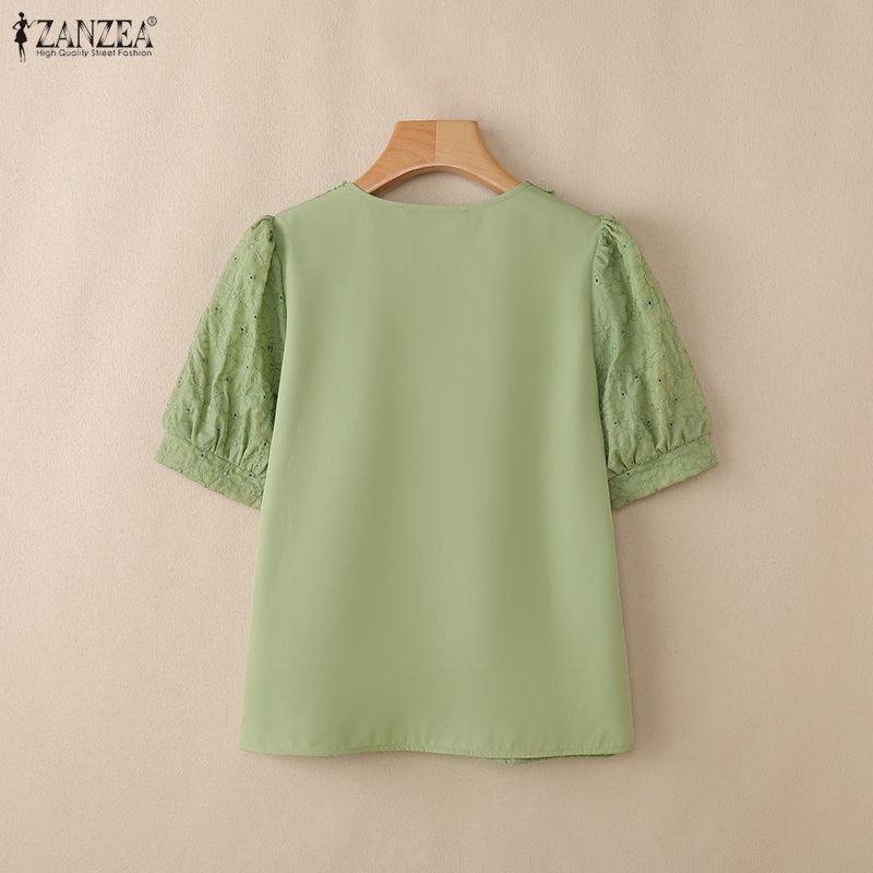 ZANZEA Women Casual V-Neck Lace Crochet Patchwork Loose Short Sleeve Blouse