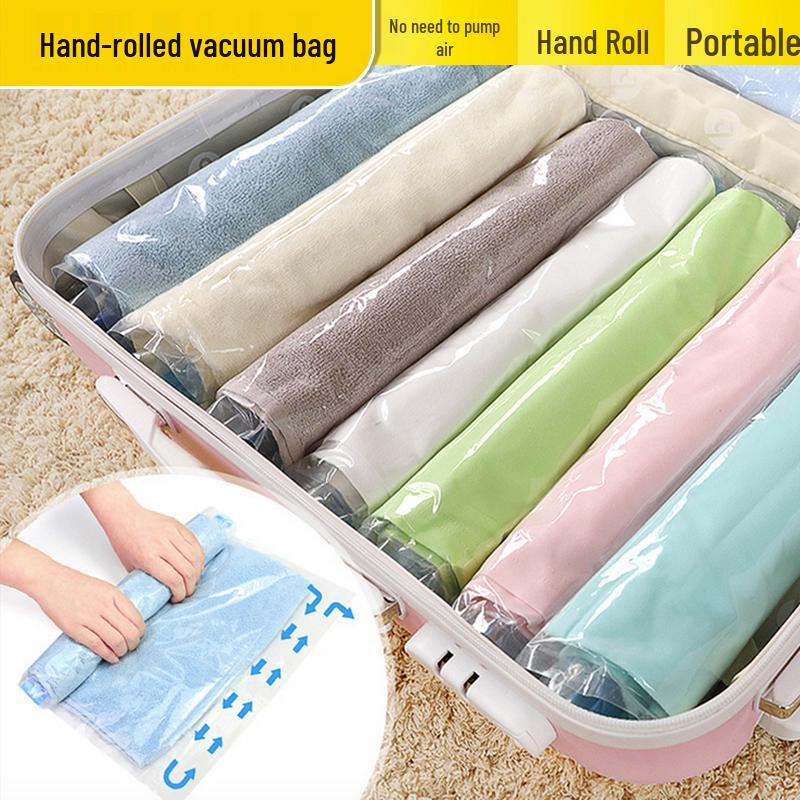 Hand-rolled Vacuum Compression Bag for Clothes: No Pump Needed, Waterproof Storage for Travel & Business Trips