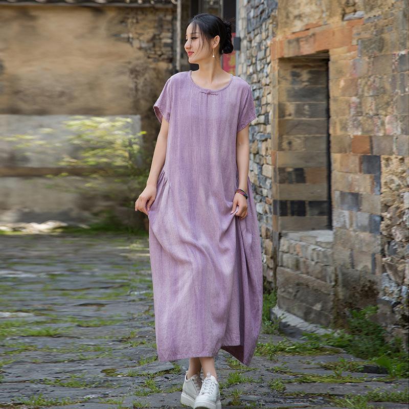 Johnature Women Vintage Dresses Chinese Style O-Neck Short Sleeve Cloths Summer Tie-dye Long Dress
