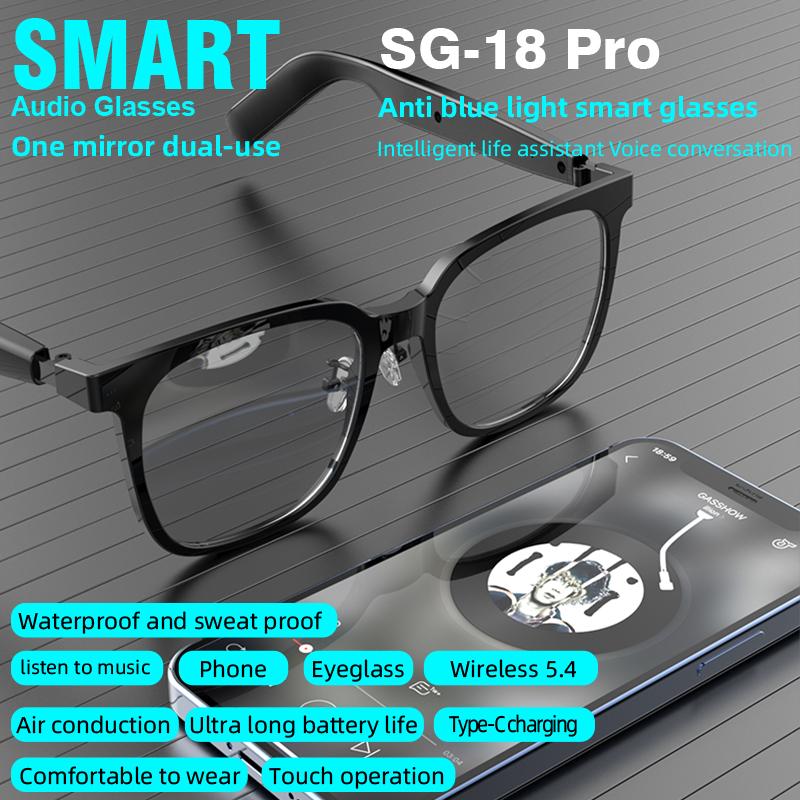 SG-18 PRO Smart Wireless Audio Glasses, Bluetooth 5.4 Anti Blue Light Eyewear with HIFI Sound & Touch Control