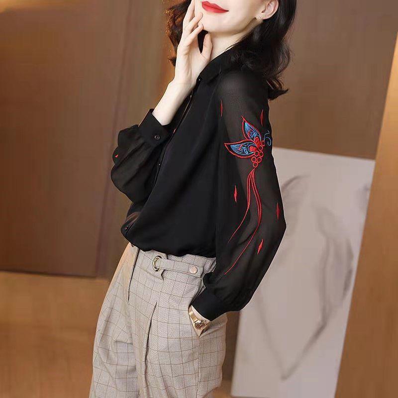Black Chiffon Embroidery Shirt for Women with Long Sleeves Loose Boulse