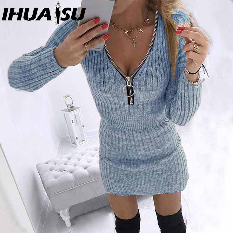 

IHUASU S-5XL Осенне-зимние женские юбки с запахом, трикотажное платье с длинным рукавом, талия на молнии, бедра M синий