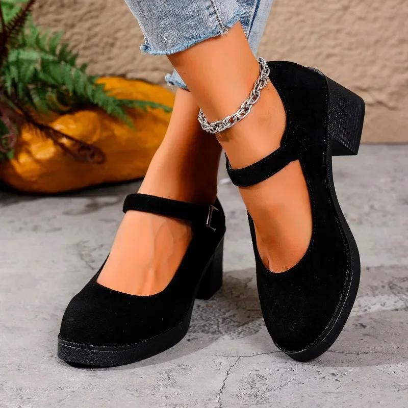 

Модная элегантная женская обувь на каблуке 2025 с круглым носком, ремешком с пряжкой, женские туфли на высоком устойчивом каблуке, туфли-лодочки с мелким вырезом, ретро обувь для офиса и карьеры 42