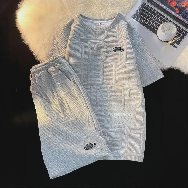 Unisex Wafelkowy T-shirt z Krótkim Rękawem w Stylu College i Luźne Szorty z Literami