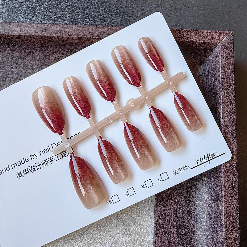 Luxury Wine Red Oval Medium Wearable Nude Gradient Aurora Nail Art Tips