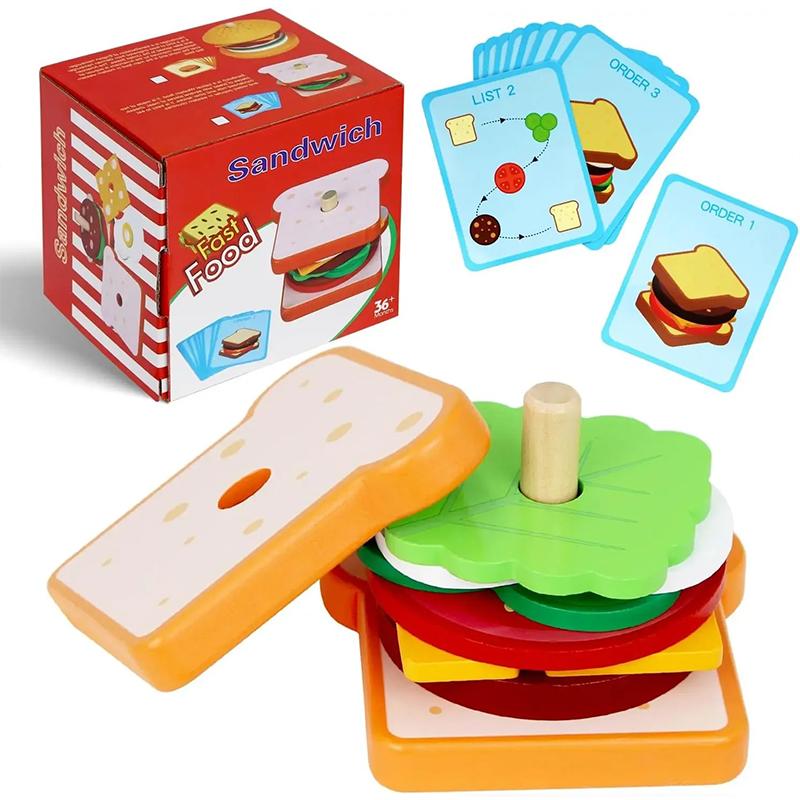 Children's Wooden Simulation Fast Food Burger Fries Sandwich Toy Kitchen Playset Assembly Educational Food Cutting Toy