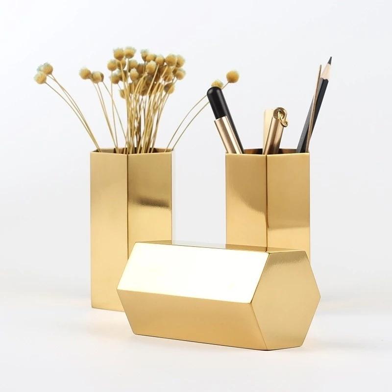 

1pcs Stainless Steel Vases Hexagon Pen Holder Gold Simple Style Home Decoration