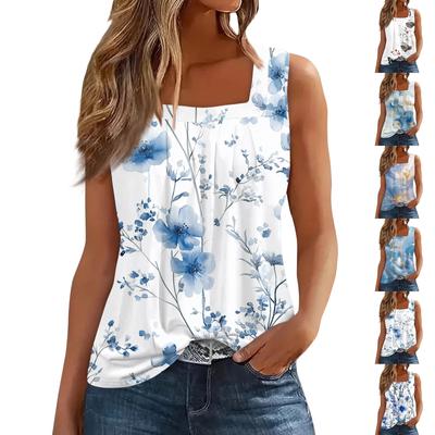 Women's Pleated Square Collar Sleeveless Vest Print T-shirt