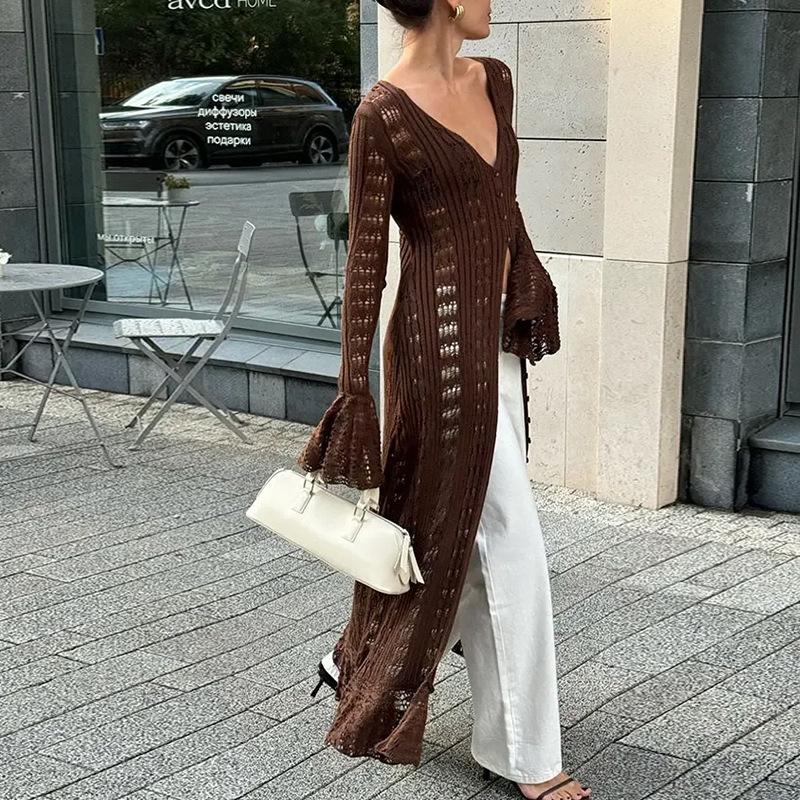 A New Solid-color Long Knitted Cardigan with Hollowed-out Flared Sleeves and A Laid-back V-neck Women's Blouse