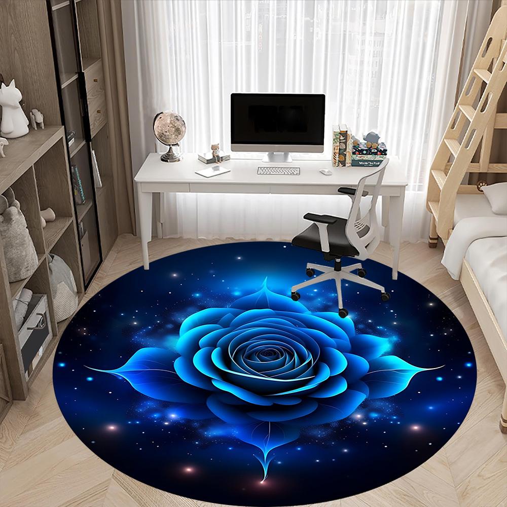 1pc Blue Rose Print Office Round Rug, Carpet for Office, Gaming, Lightweight Round Floor Mat Yy260208002