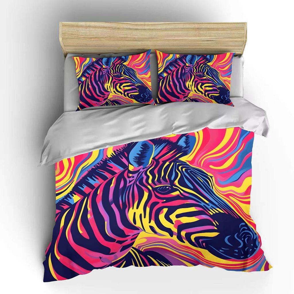Vibrant Zebra Artwork Pattern Duvet Cover Set Digital Print Colorful Polyester Bedding With Zipper Closur For Kids Gifts