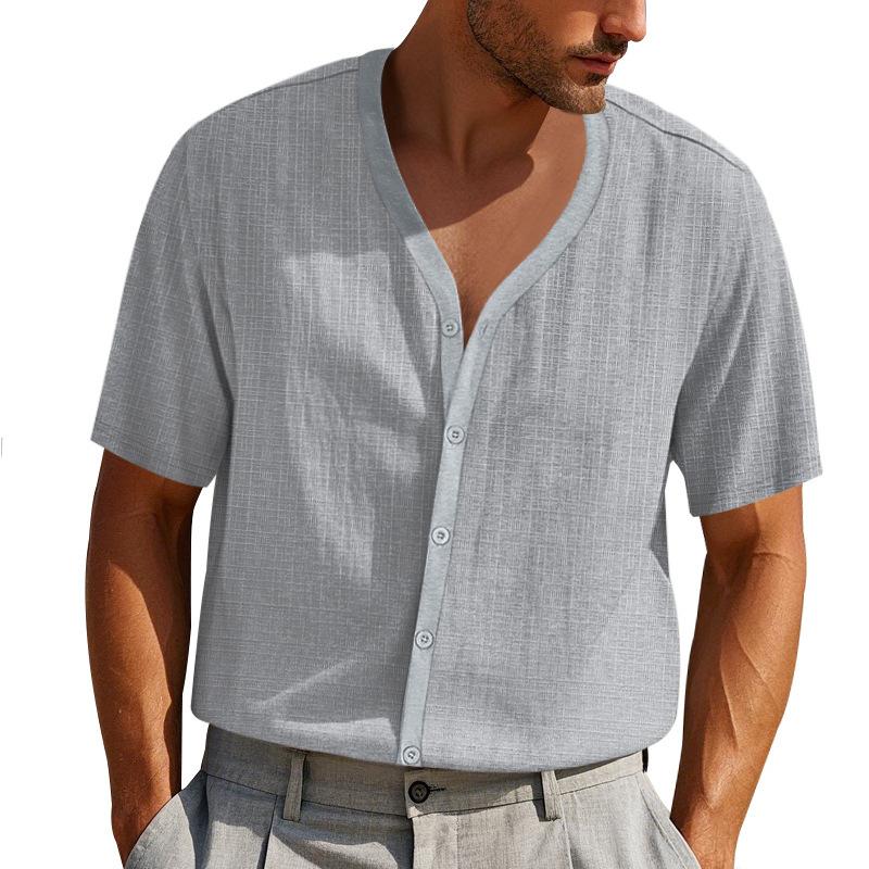 American Men's Summer Imitation Hemp Bamboo Short-sleeved Henry Shirt Loose Casual Trend Button Cardigan T-shirt Men's