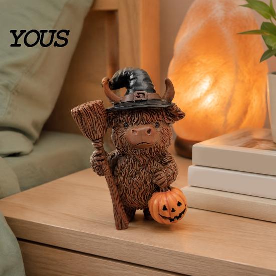Resin Animal Statues for Home Decor Halloween Highland Cow Figurine, Wizard Broom & Bat Wing Pumpkin Waterproof Garden Sculptures Ornament,